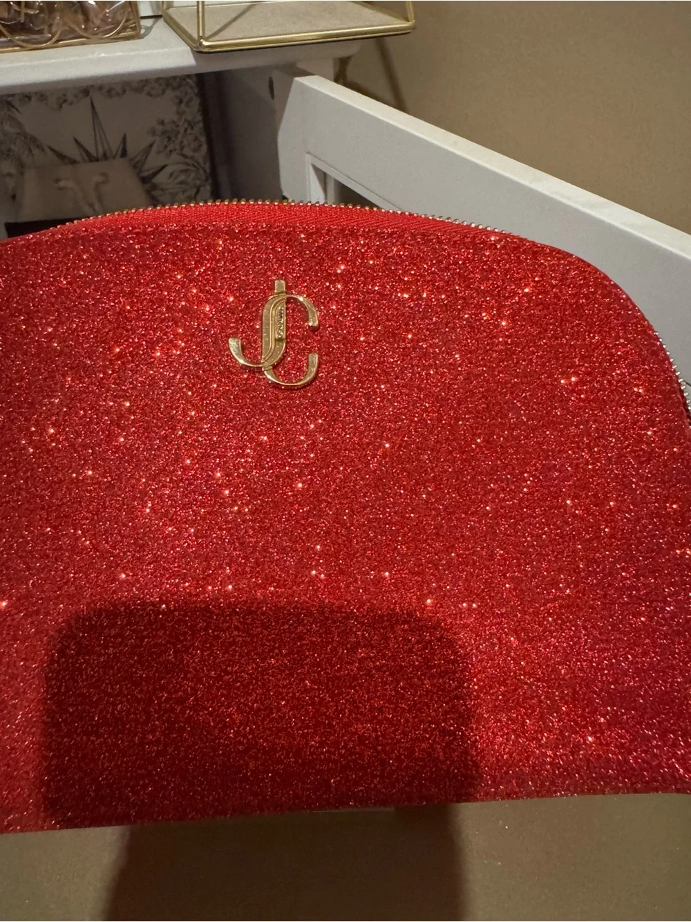 Jimmy Choo Red Glitter Dome Cosmetic Pouch with Gold Emblem